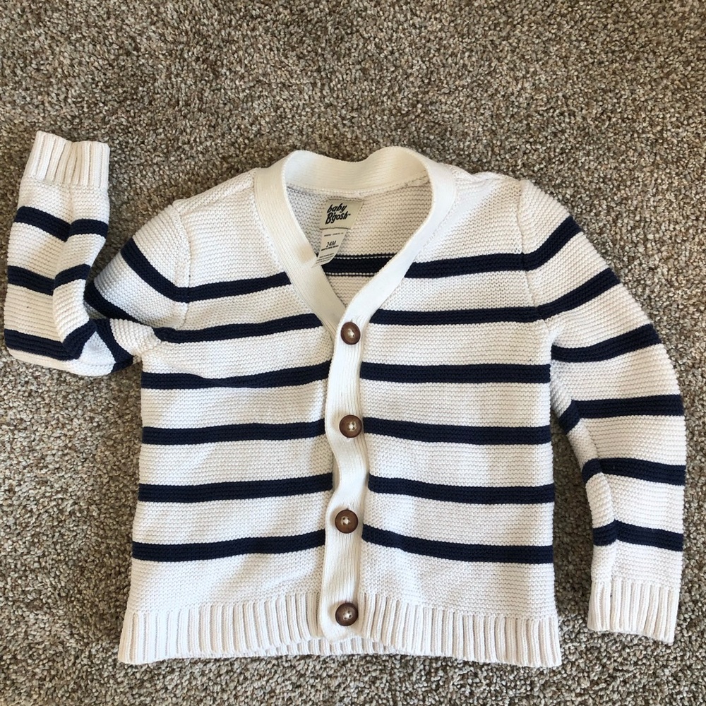 Baby Bgosh White & Blue Striped Cardigan Sweater- sz 24 months -EUC